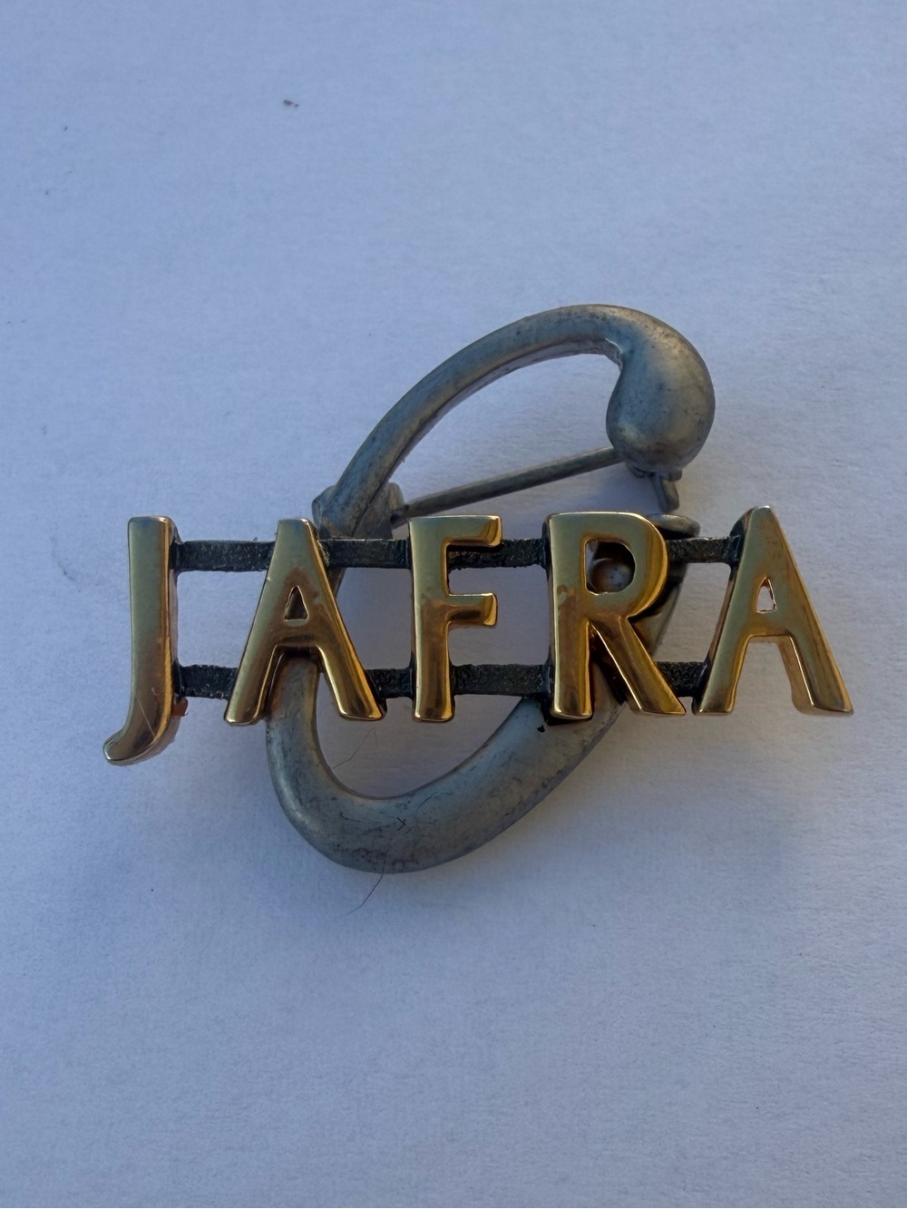 Vintage JAFRA Name Brooch Gold Tone Pin Cosmetics